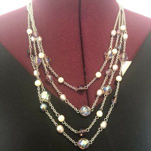 Silver Multi Strand Purple White Shiny Beaded Necklace With Fold Over Clasp